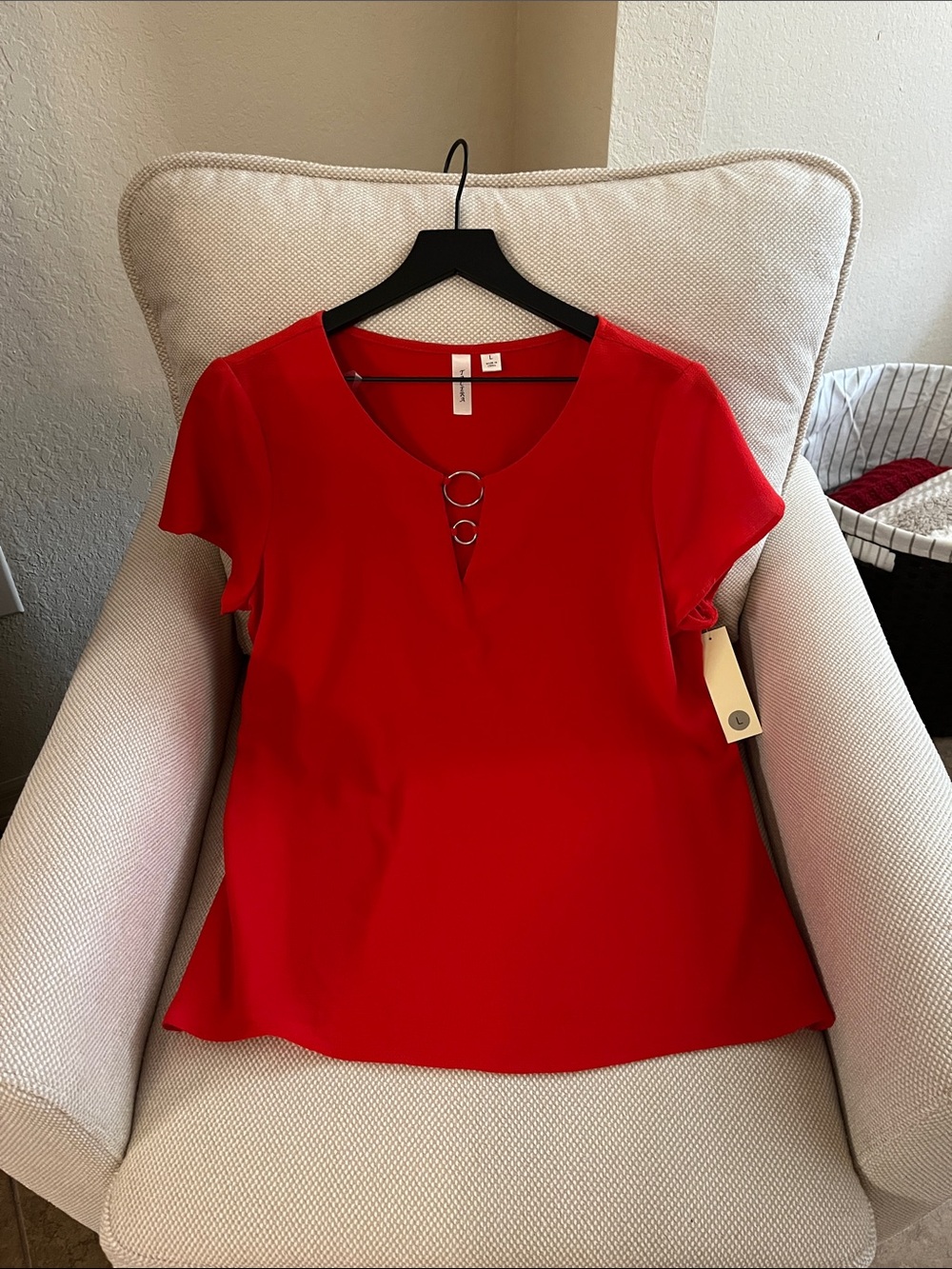 Tacera Red Short-Sleeve Ring-Accent Blouse